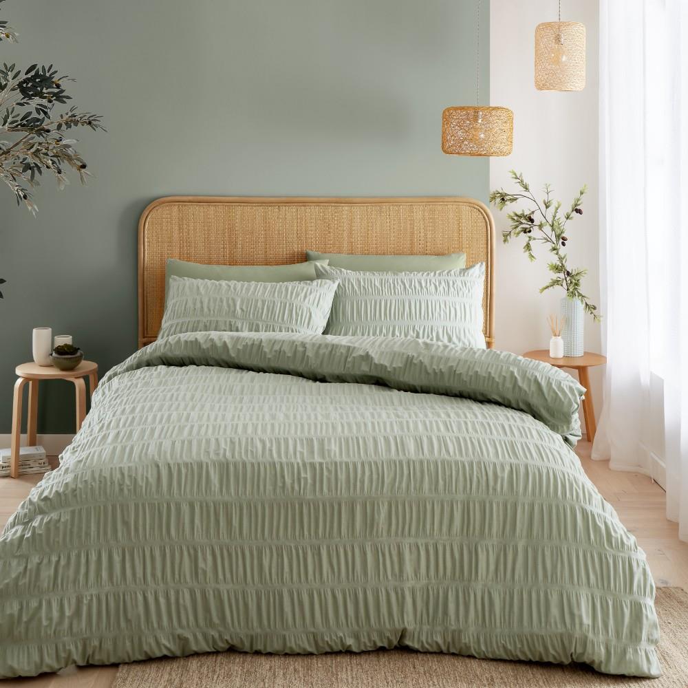Catherine Lansfield Seersucker Banded Textured Cotton Rich Duvet Cover Set