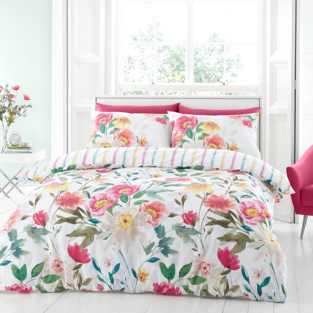 Catherine Lansfield Fresh Floral Watercolour Print Easy Care Reversible Duvet Cover Set