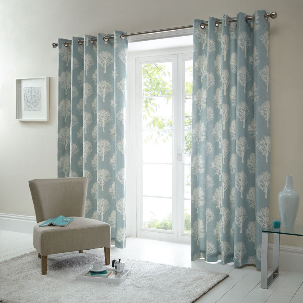 Fusion Woodland Trees Print 100% Cotton Eyelet Lined Curtains
