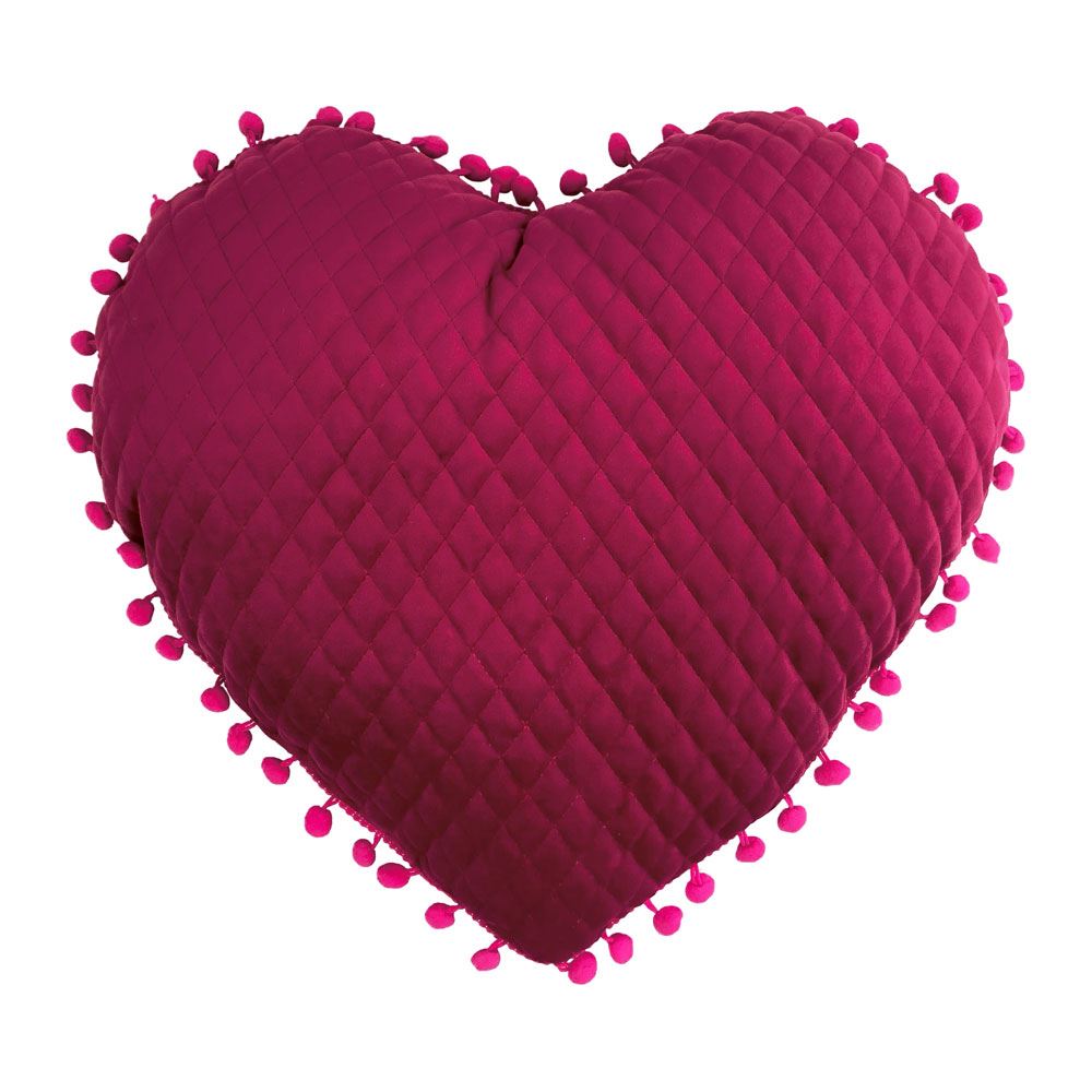Little Furn Heart Shaped Faux Velvet Pom-Pom Fringe Filled Cushion