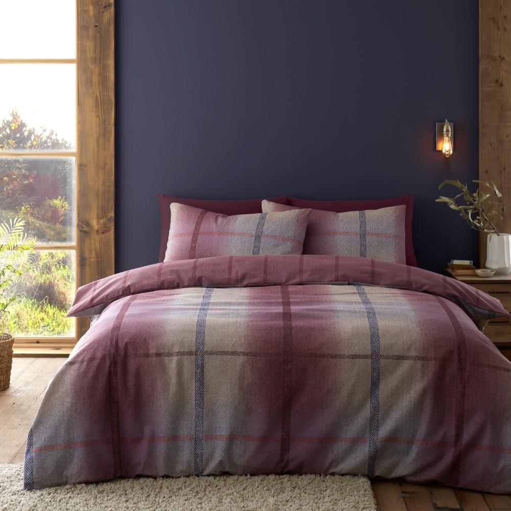 Catherine Lansfield Brushed Cotton Melrose Tweed Check Reversible Single Duvet Cover Set with Pillowcase Plum