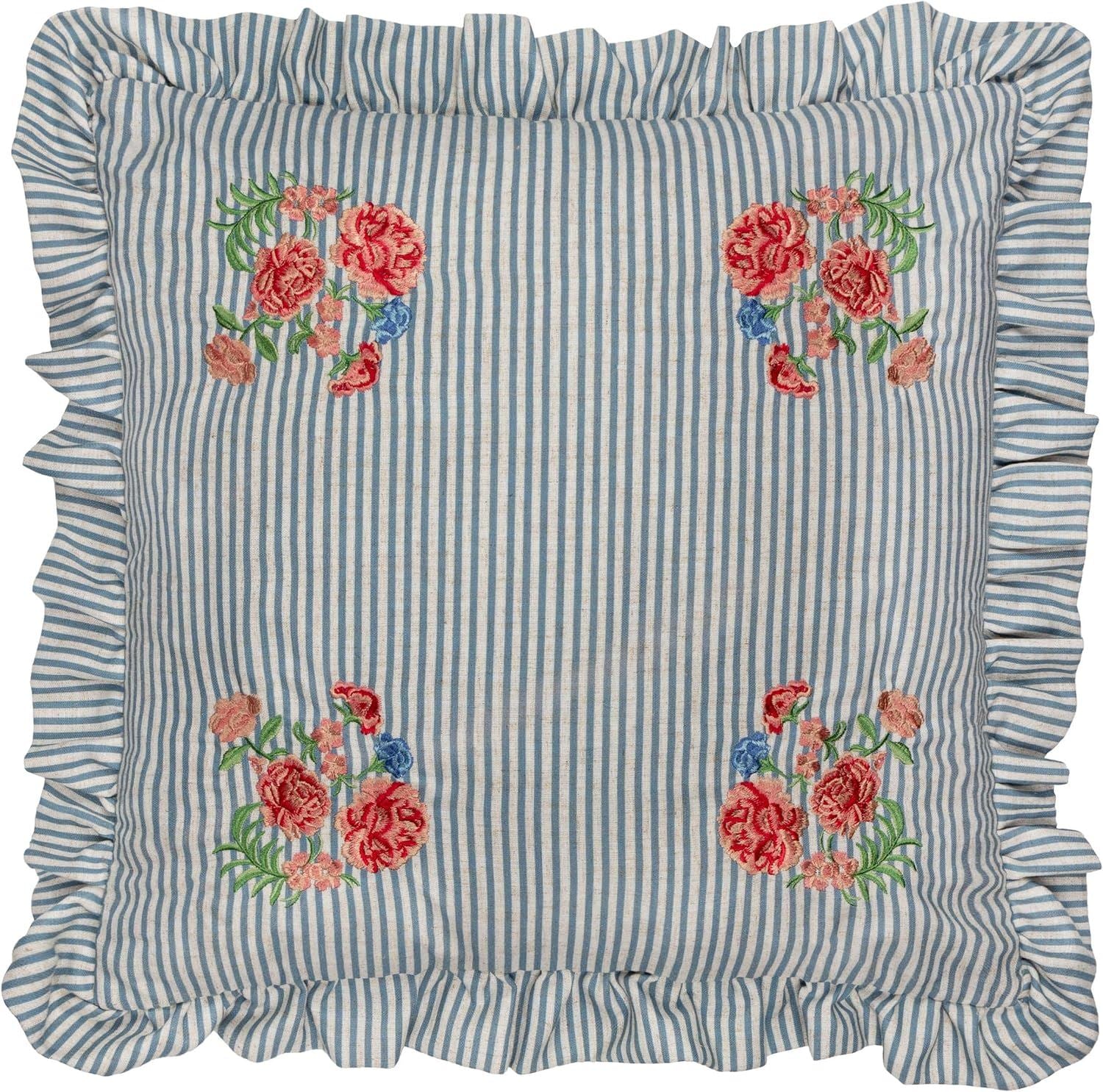 Wylder Martha Embroidered Floral Striped Ruffle Edge Cushion Cover