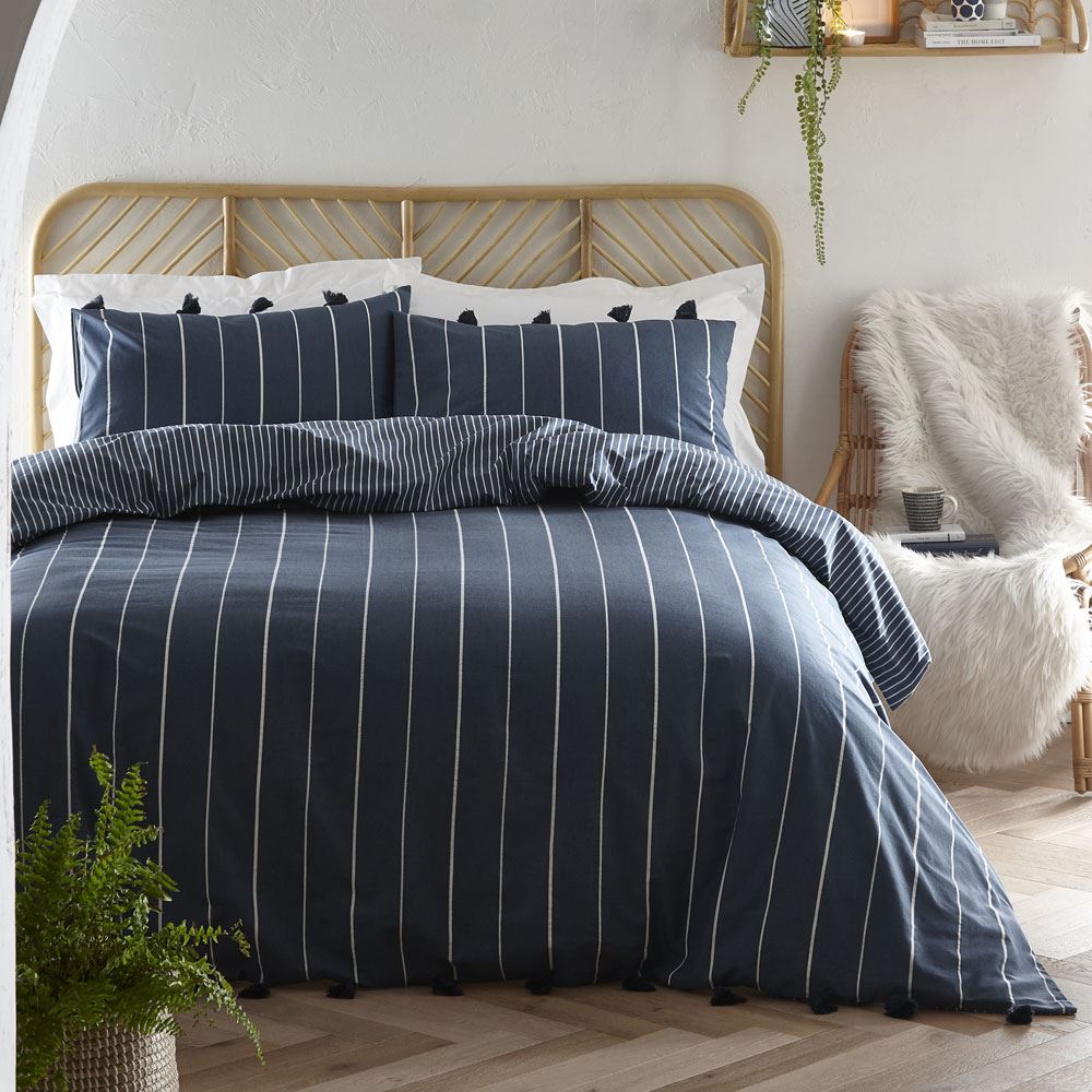 Appletree Loft Delta Stripe 100% Cotton Percale Tasseled Duvet Cover Set