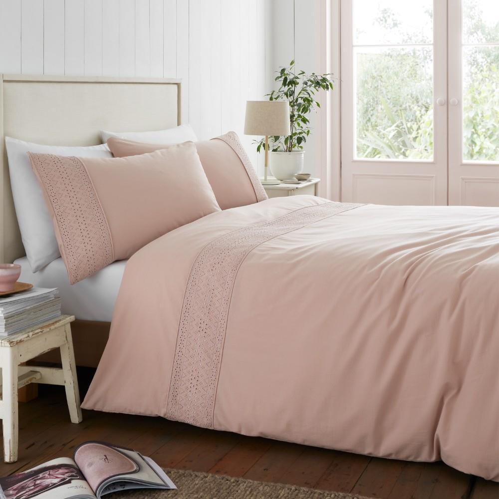 Catherine Lansfield Broderie Anglaise Single Duvet Cover Set with Pillowcase Blush Pink