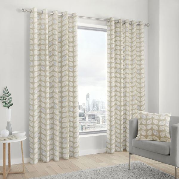 Fusion Delft Leaf Print 100% Cotton Eyelet Lined Curtains