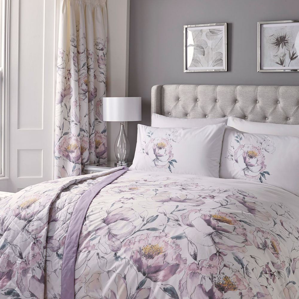 Dreams & Drapes Peony Watercolour Floral Print Pencil Pleat Lined Curtains