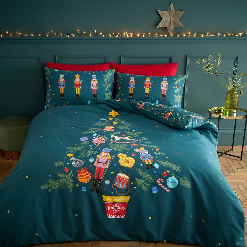 Catherine Lansfield Christmas Nutcracker Print Reversible Duvet Cover Set, Green