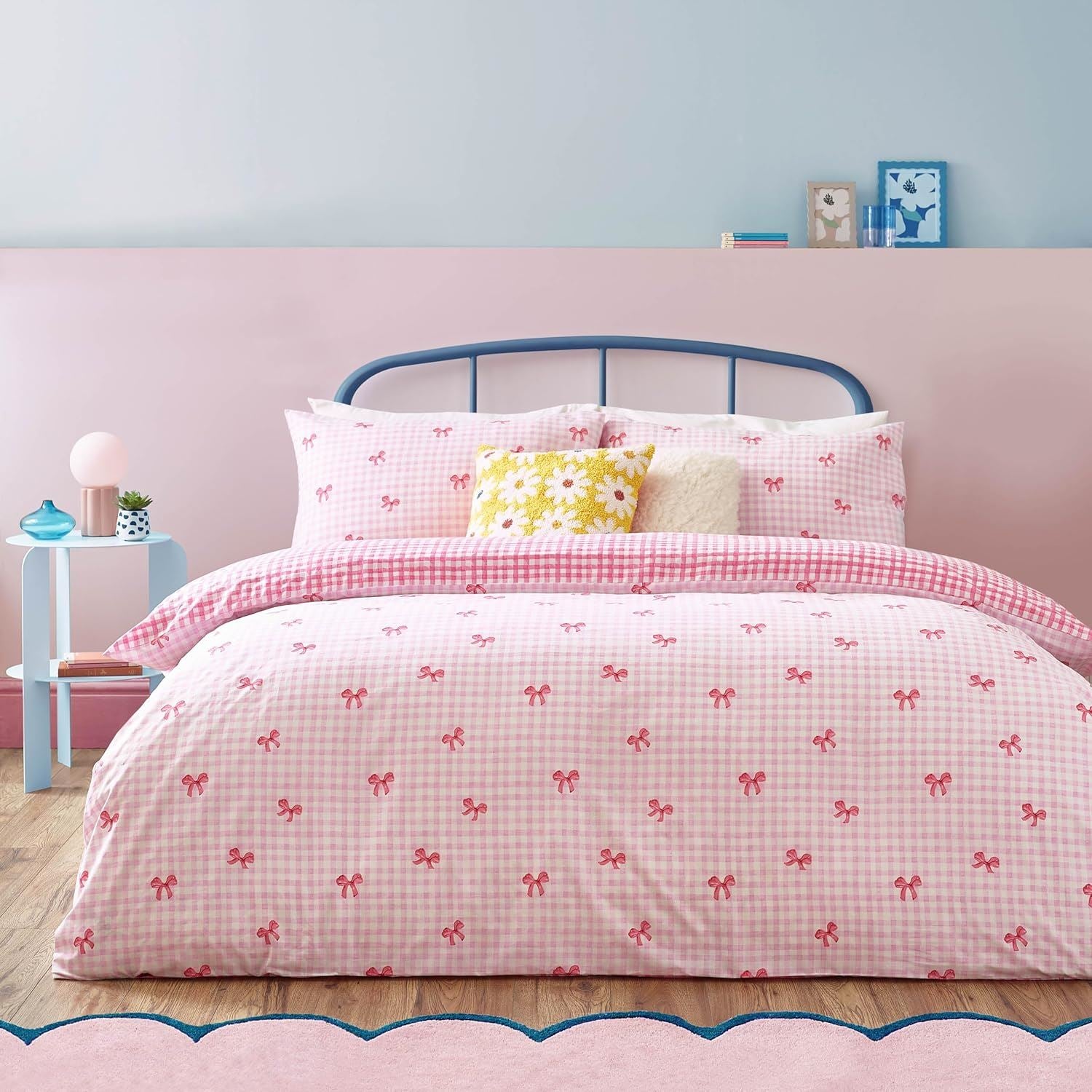 Heya Home Gingham Bows Checkered Easy Care Reversible Duvet Cover Set