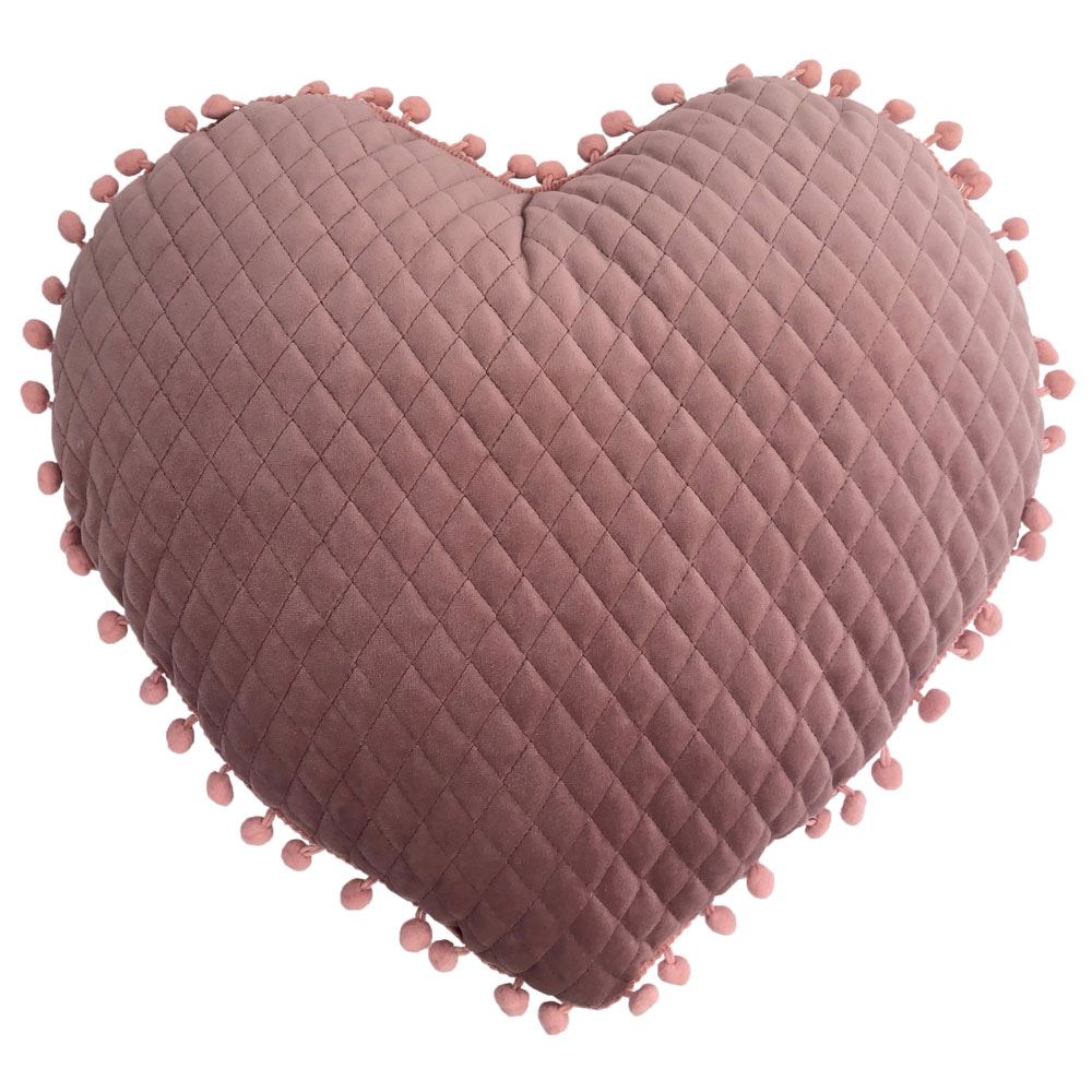 Little Furn Heart Shaped Faux Velvet Pom-Pom Fringe Filled Cushion