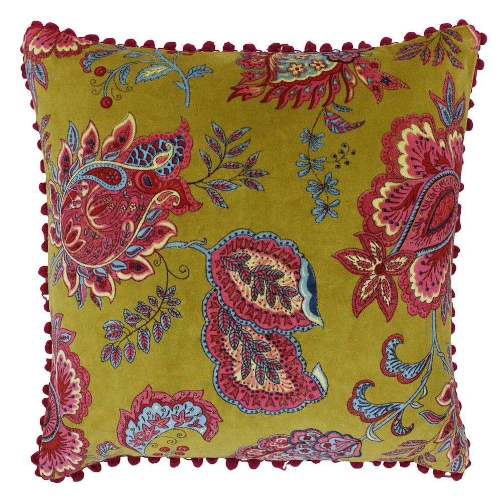Riva Paoletti Malisa Square Paisley Indian Print Faux Velvet Pom Pom Fringed Cushion Cover