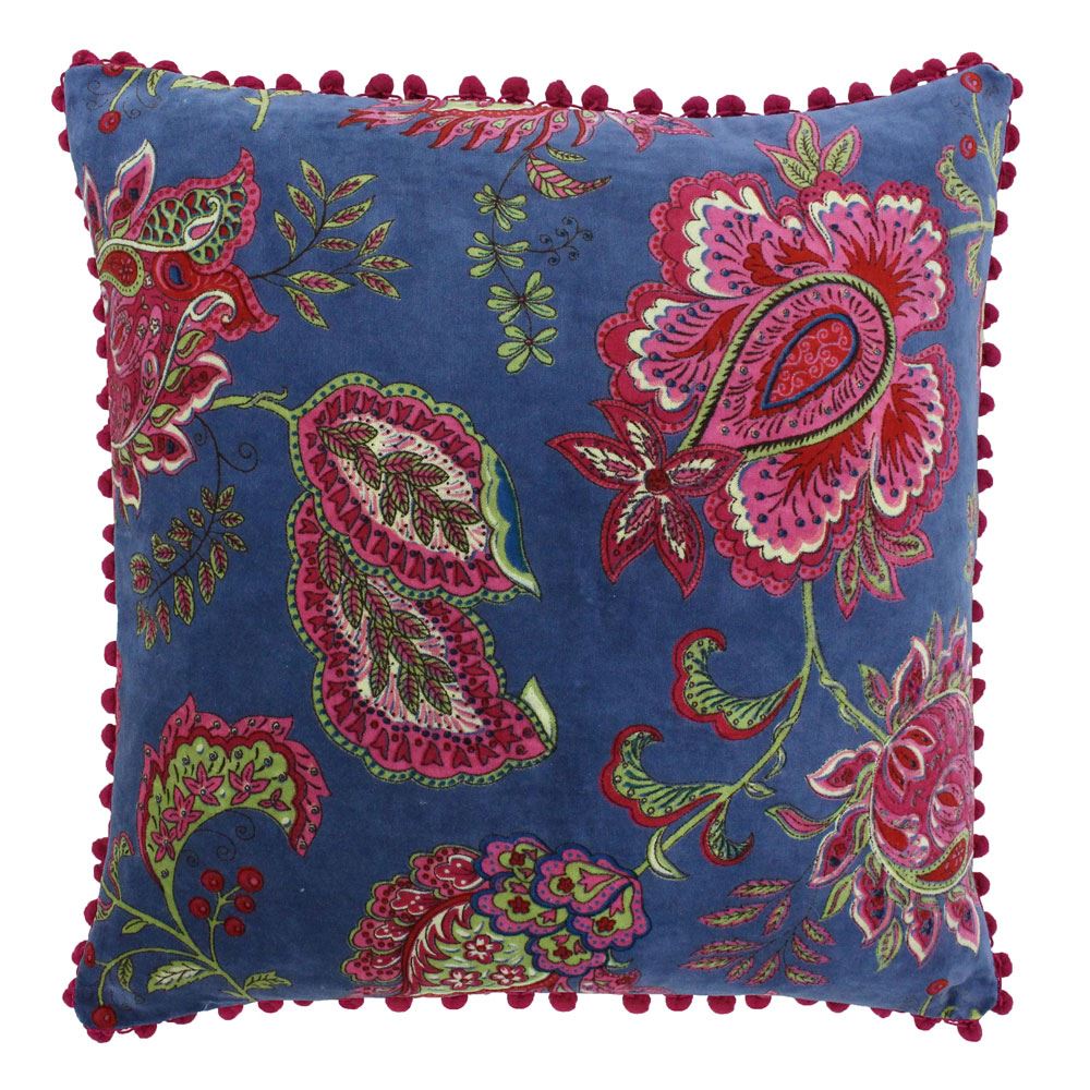 Riva Paoletti Malisa Square Paisley Indian Print Faux Velvet Pom Pom Fringed Cushion Cover