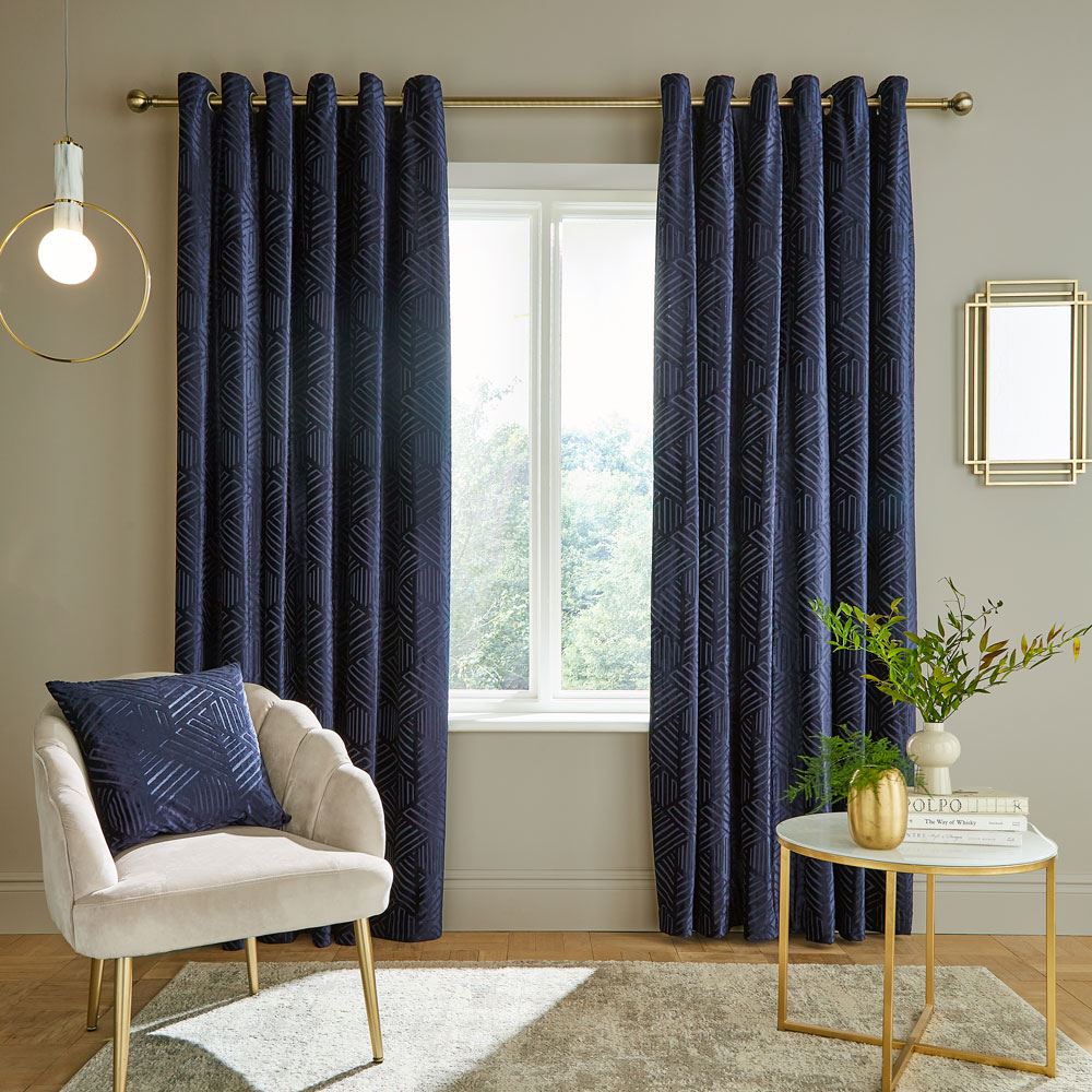Catherine Lansfield Geo Cut Velvet Deco Lined Eyelet Curtains