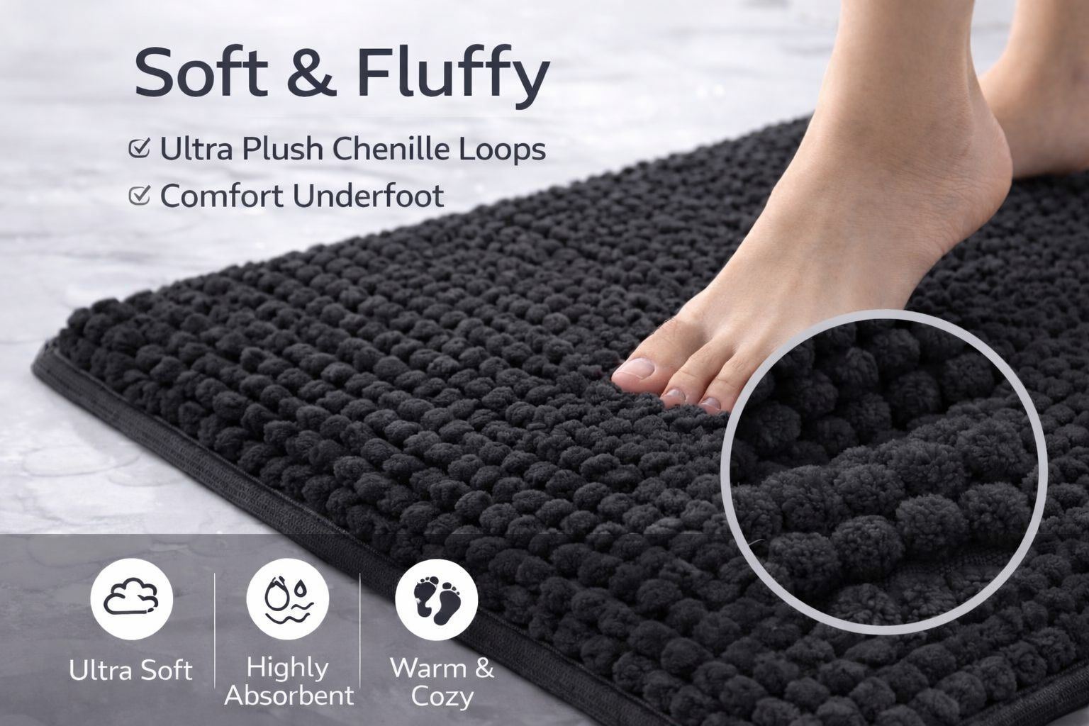 Night Zone Soft and Shaggy Chenille Loop 2 Piece Nonslip Bath Mat Set