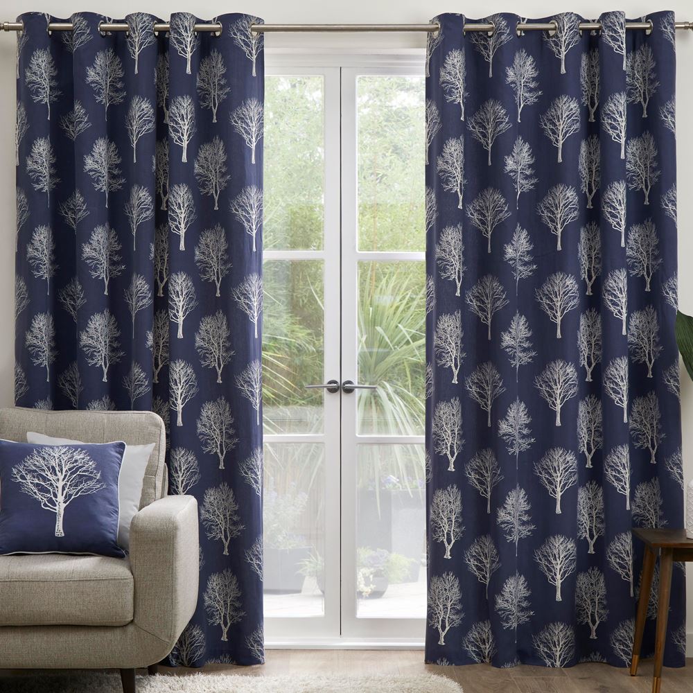 Fusion Woodland Trees Print 100% Cotton Eyelet Lined Curtains