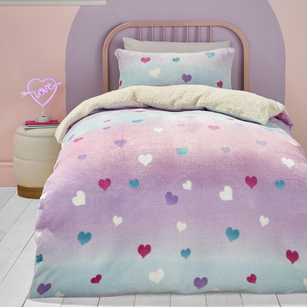 Bedlam Cosy Ombre Heart Plush Teddy Fleece Duvet Cover Set
