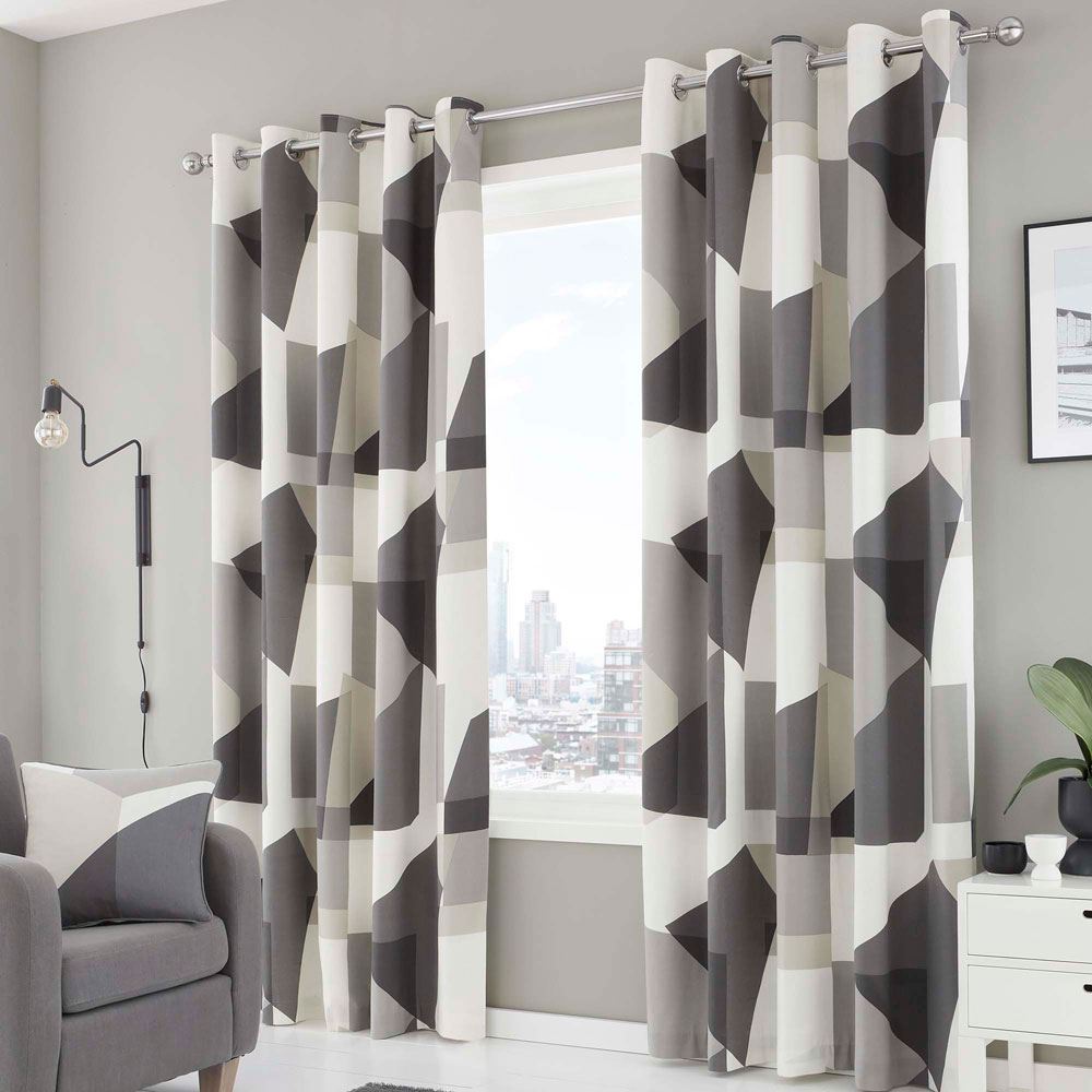 Fusion Geometra Contemporary Print 100% Cotton Eyelet Lined Curtains