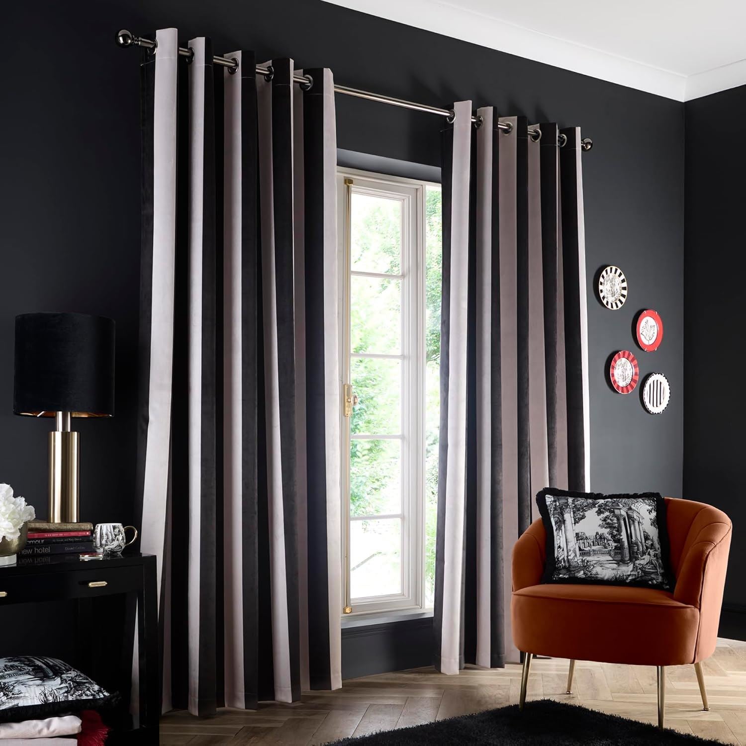 Laurence Llewelyn Bowen Festivo Stripe Velvet Blackout Eyelet Lined Curtains