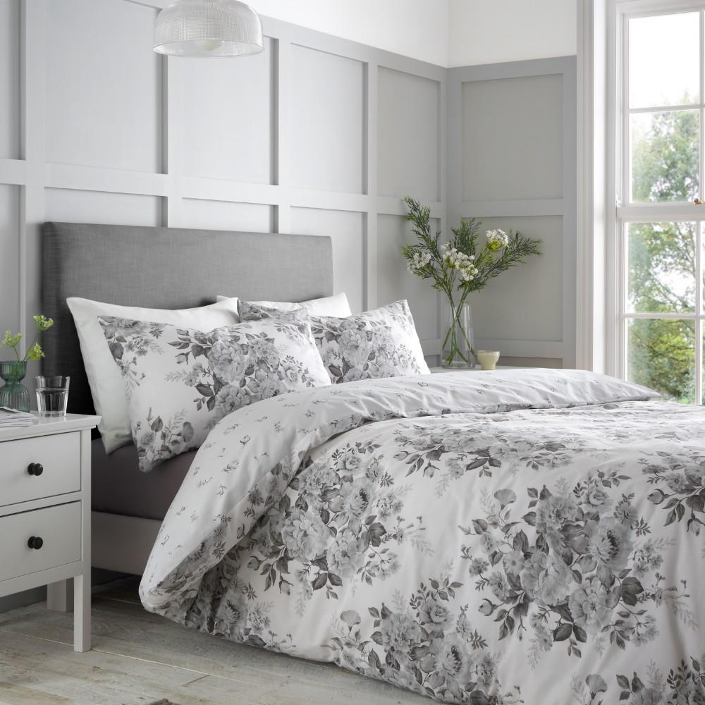 Catherine Lansfield Elinda Floral Reversible Double Duvet Cover Set with Pillowcases Grey