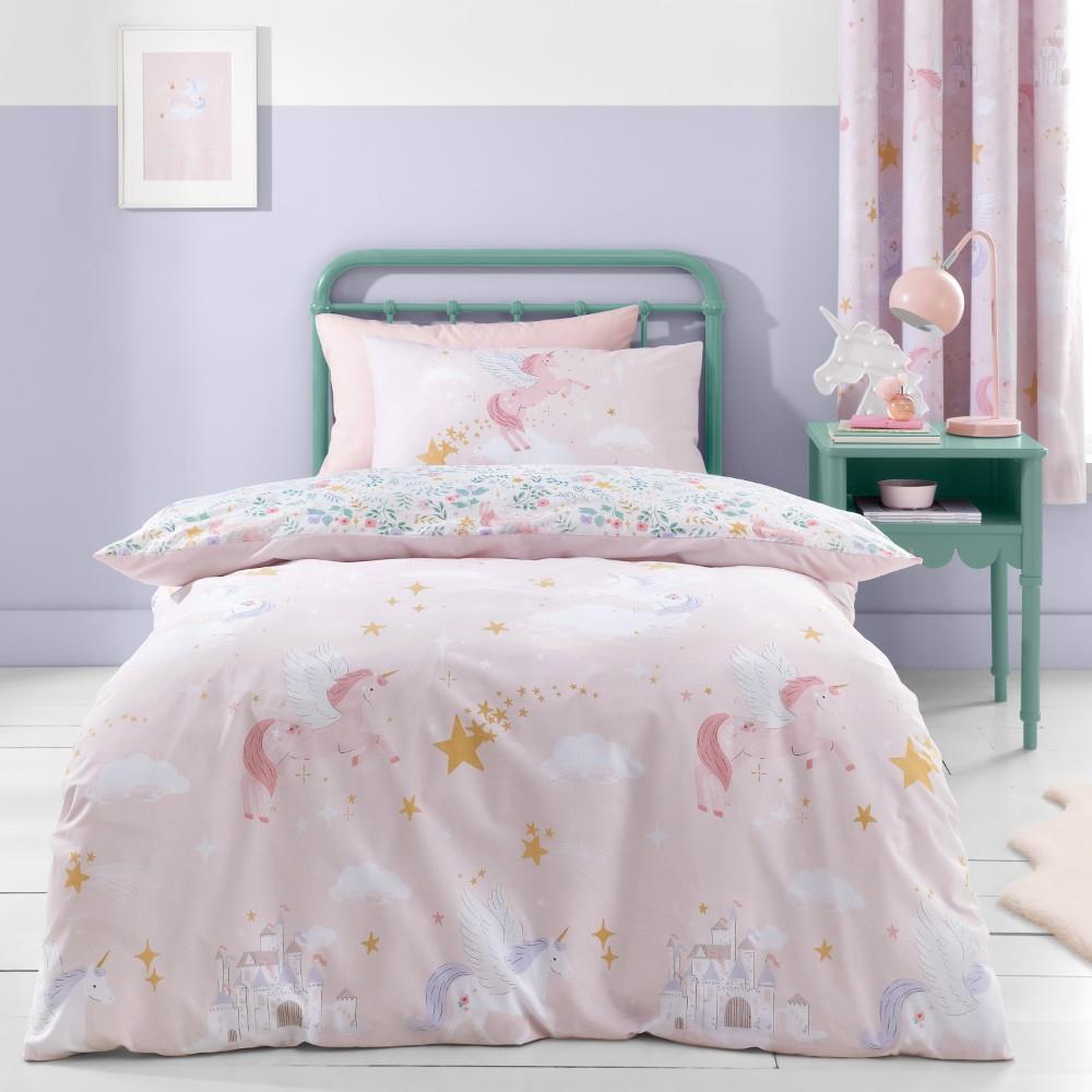 Catherine Lansfield Fairytale Unicorn Reversible Double Duvet Cover Set with Pillowcases Pink