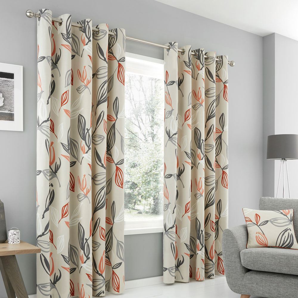 Fusion Ensley Botanical Print 100% Cotton Eyelet Lined Curtains