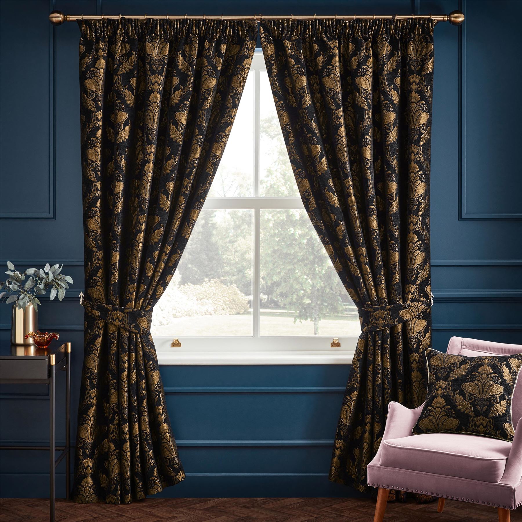 Paoletti Shiraz Embroidered Damask Pencil Pleat Curtains