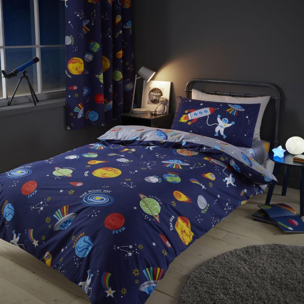 Catherine Lansfield Lost In Space Reversible Double Duvet Cover Set with Pillowcases Navy Blue