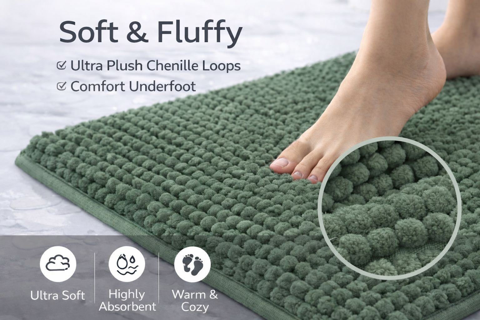 Night Zone Soft and Shaggy Chenille Loop 2 Piece Nonslip Bath Mat Set