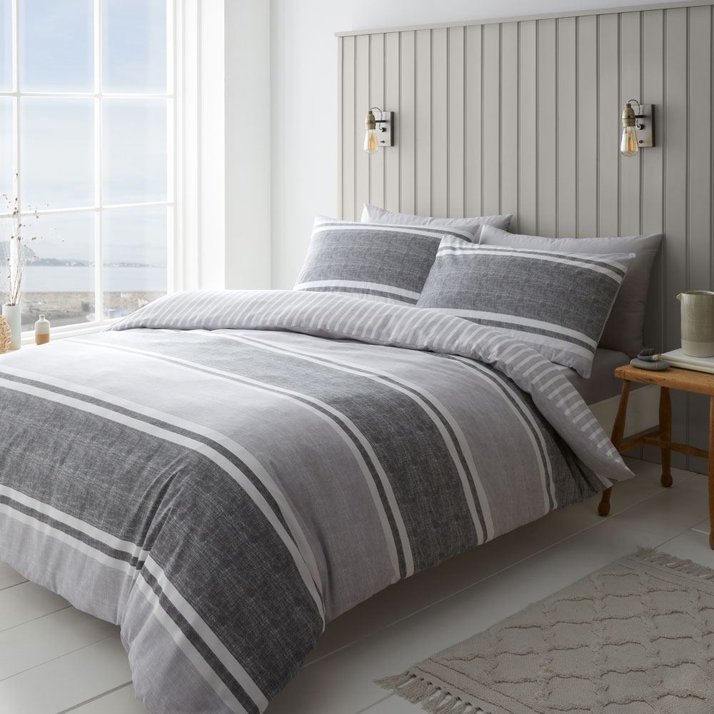 Catherine Lansfield Textured Banded Stripe Easy Care Reversible Duvet Cover Set