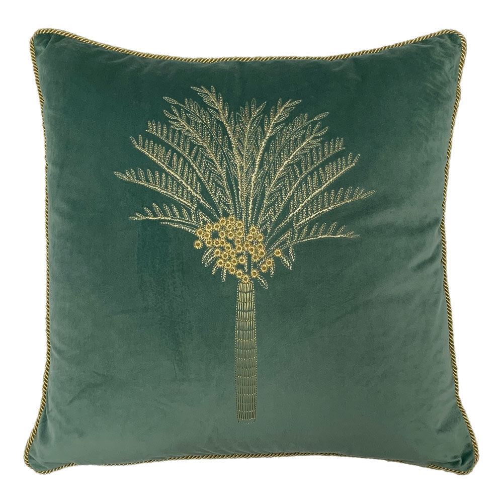 Furn Desert Palm Embroidered Velvet Piped Cushion Cover