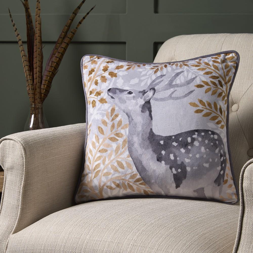 Dreams & Drapes Lodge Forest Animals Woodland Print Velvet Piped Edge Filled Cushion