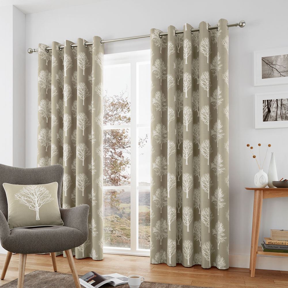 Fusion Woodland Trees Print 100% Cotton Eyelet Lined Curtains
