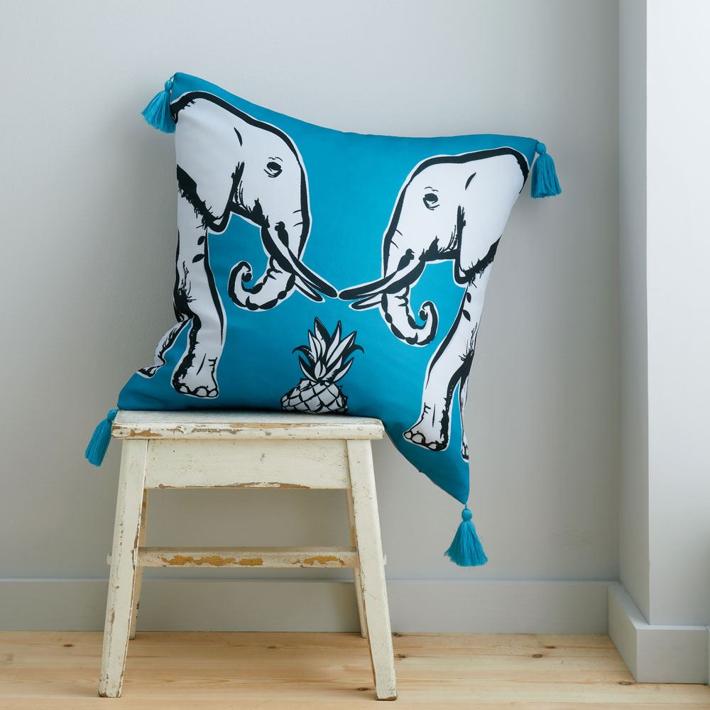 Pineapple Elephant Tembo Print 100% Cotton Tasselled Filled Cushion
