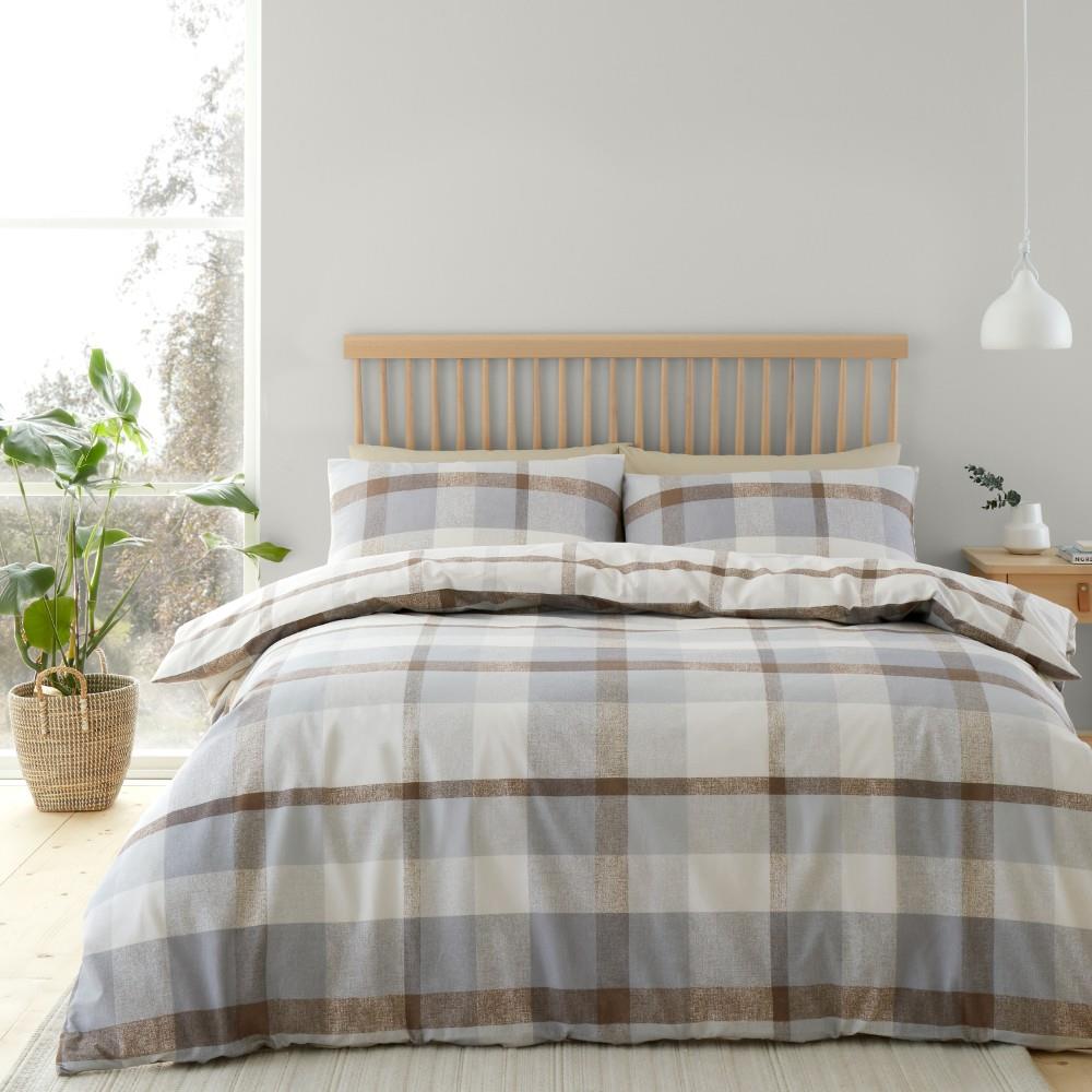 Catherine Lansfield Brushed Cotton Check King Duvet Cover Set with Pillowcases Natural