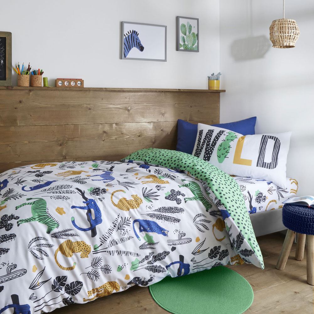 Pineapple Elephant Kids Wild Jungle Animals Print 100% Cotton Duvet Cover Set