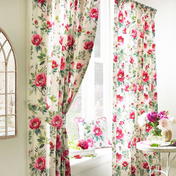 Furn Peony Country Floral Pencil Pleat Lined Curtains