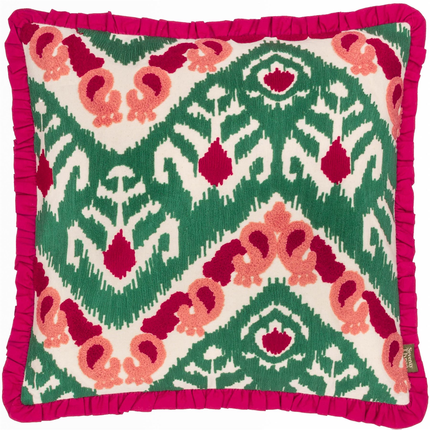 Paoletti Henderson Ikat Embroidered Ruffled Frill Edge Cushion Cover