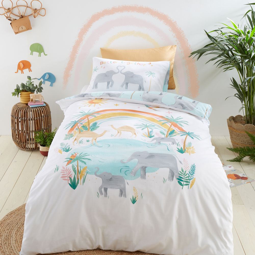 Pineapple Elephant Kids Paradise Desert Animals Print 100% Cotton Duvet Cover Set