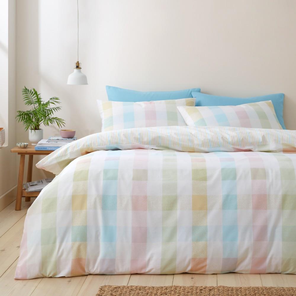 Catherine Lansfield Spring Check Reversible Double Duvet Cover Set with Pillowcases Pastel