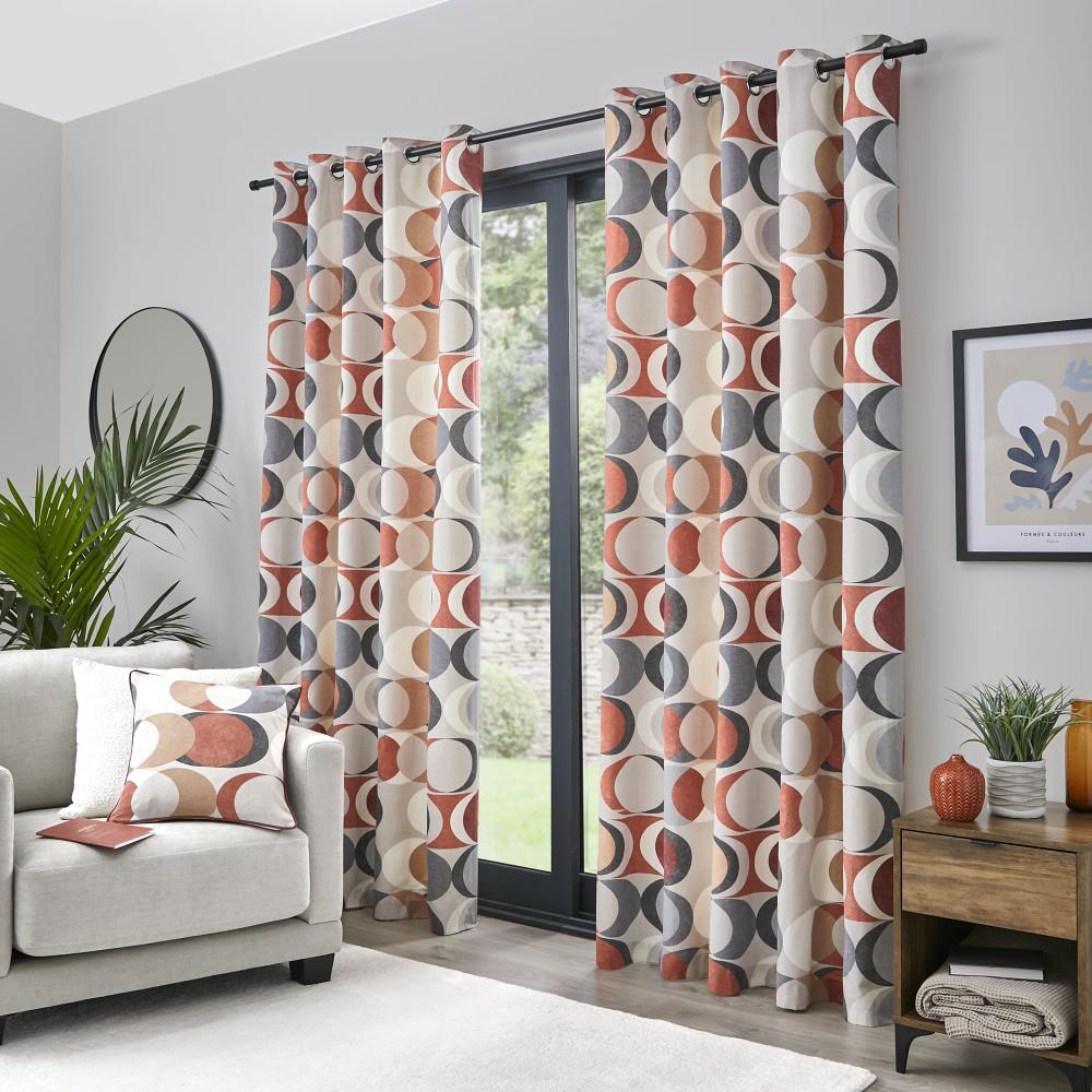Fusion Sander Geometric Print 100% Cotton Eyelet Lined Curtains