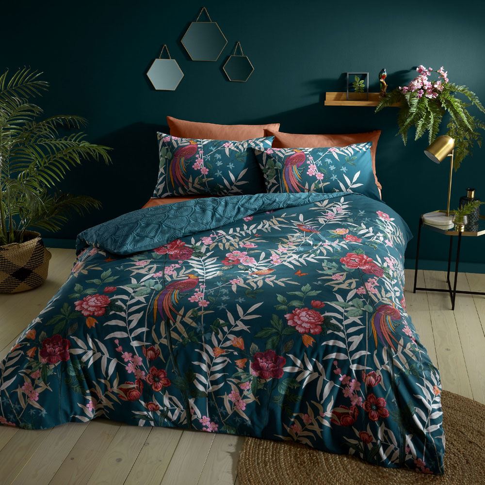 Catherine Lansfield Tropical Floral Birds Print Easy Care Reversible Duvet Cover Set
