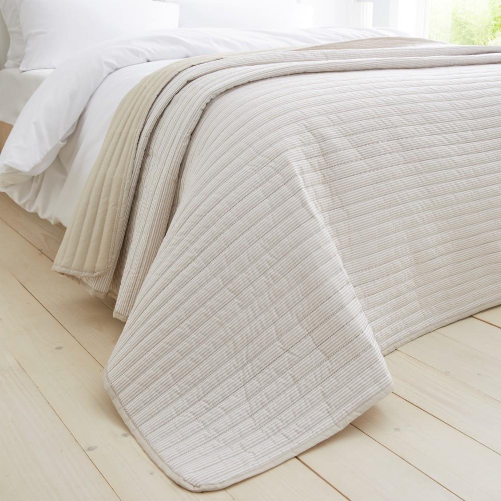 Catherine Lansfield Stripe Quilted Reversible 220x230cm Bedspread Natural
