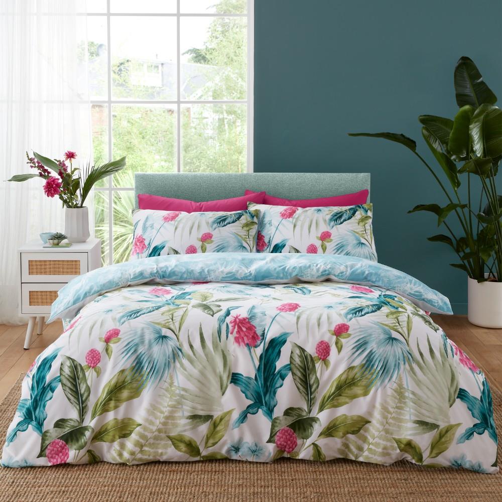 Catherine Lansfield Aruba Tropical Floral Reversible King Duvet Cover Set with Pillowcases Green