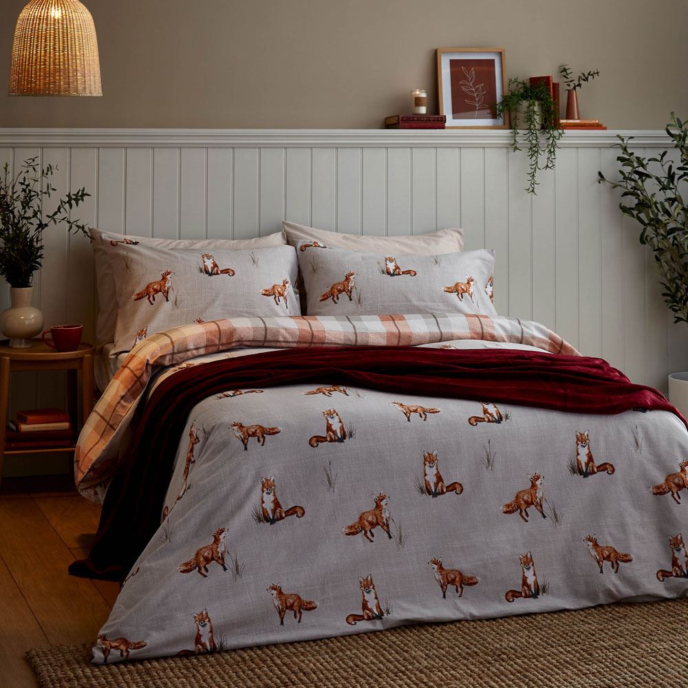 Catherine Lansfield Brushed Tartan Check Fox Reversible Duvet Cover Set