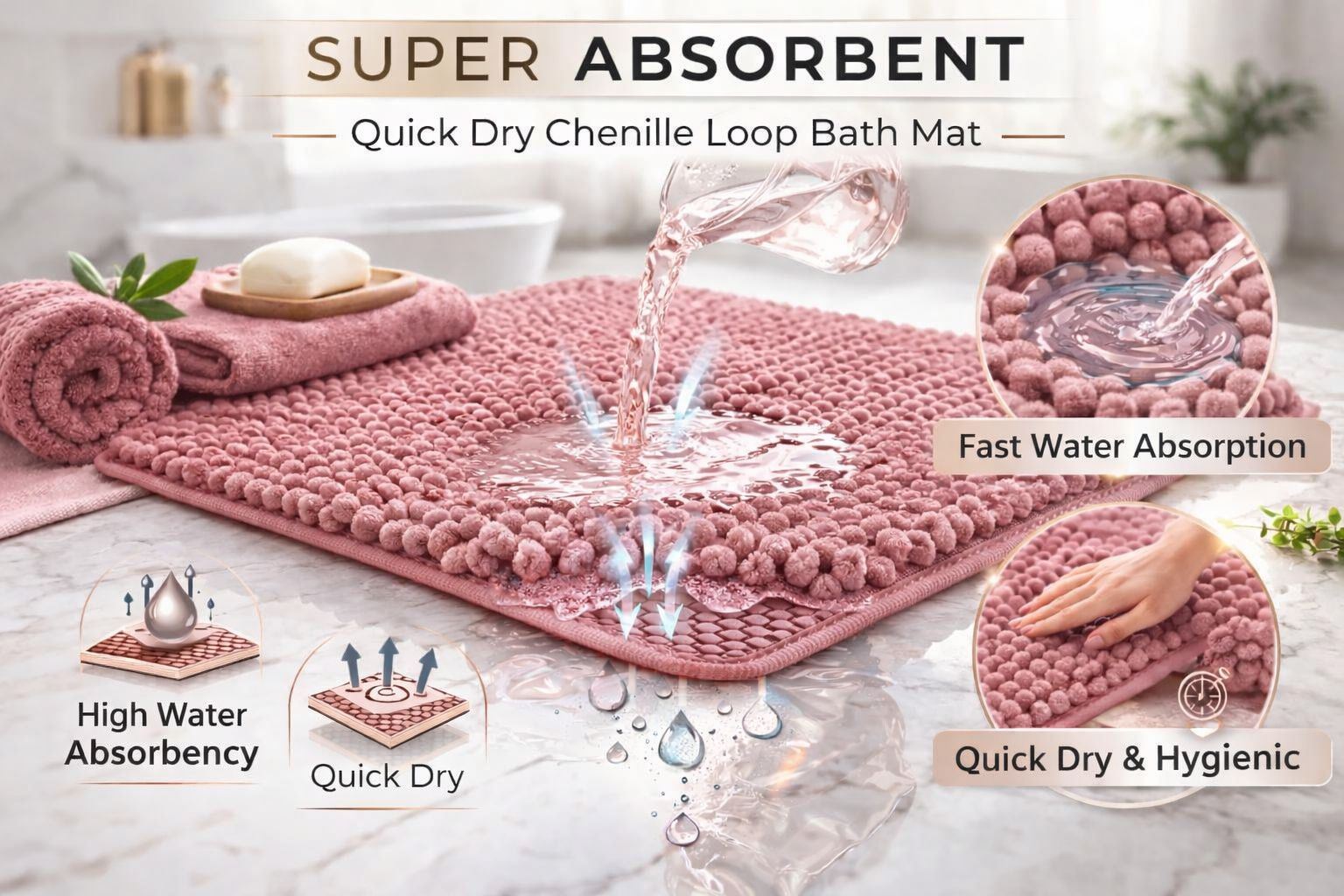 Night Zone Soft and Shaggy Chenille Loop 2 Piece Nonslip Bath Mat Set