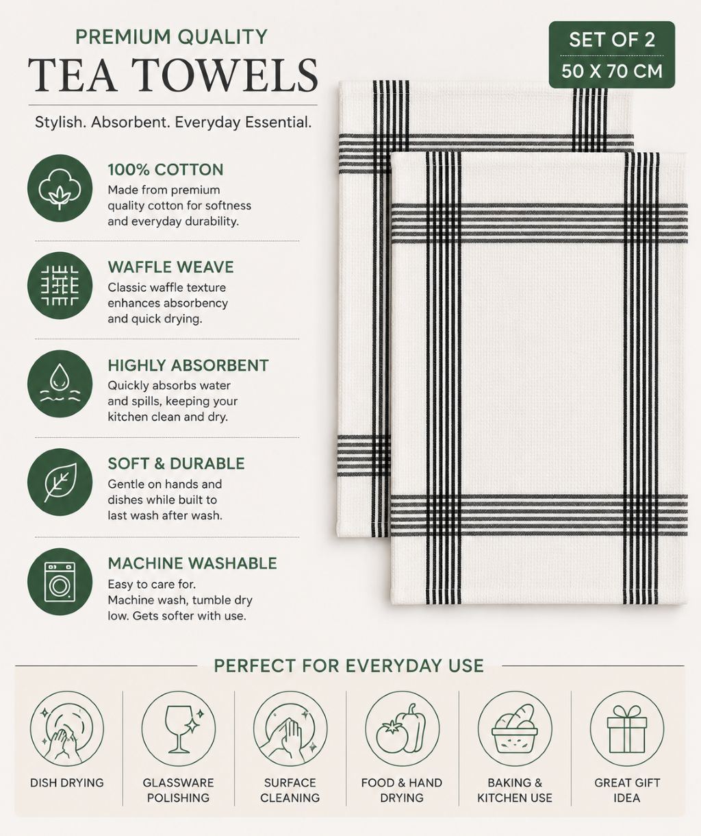 Night Zone Waffle Tea Towels 2 Pack, 100% Cotton