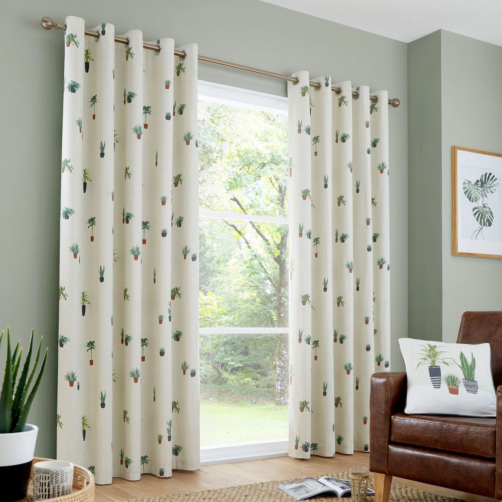 Fusion Cactus Print 100% Cotton Eyelet Lined Curtains