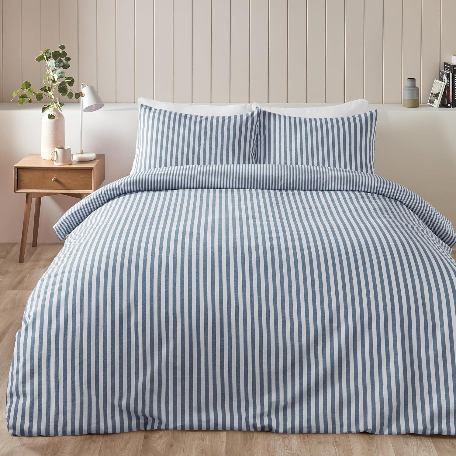 Catherine Lansfield Stripe 100% Brushed Cotton Reversible Duvet Cover Set