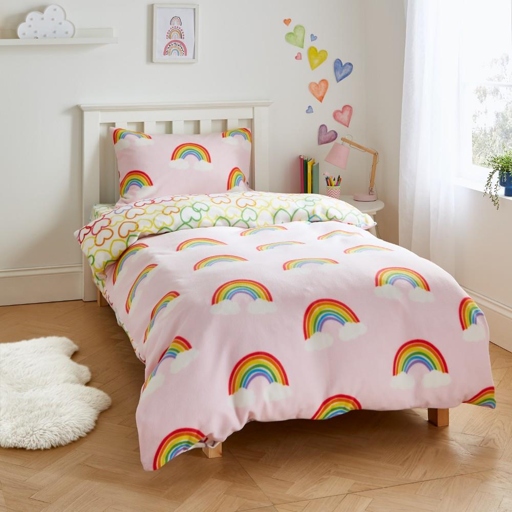 Catherine Lansfield Rainbow Hearts Cosy Fleece Reversible Double Duvet Cover Set with Pillowcases Pink
