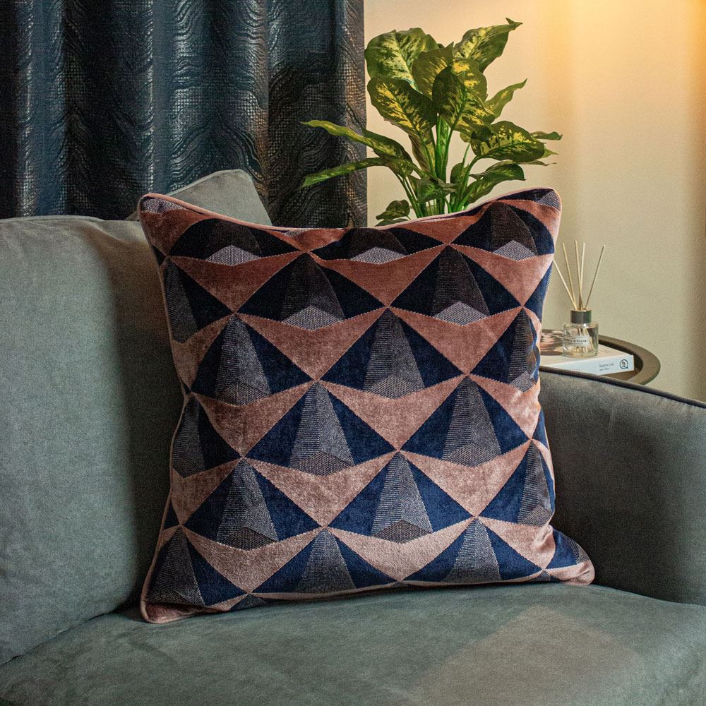 Paoletti Leveque Deco Geometric Jacquard Velvet Cushion Cover, Blush/Navy, 50 x 50 Cm