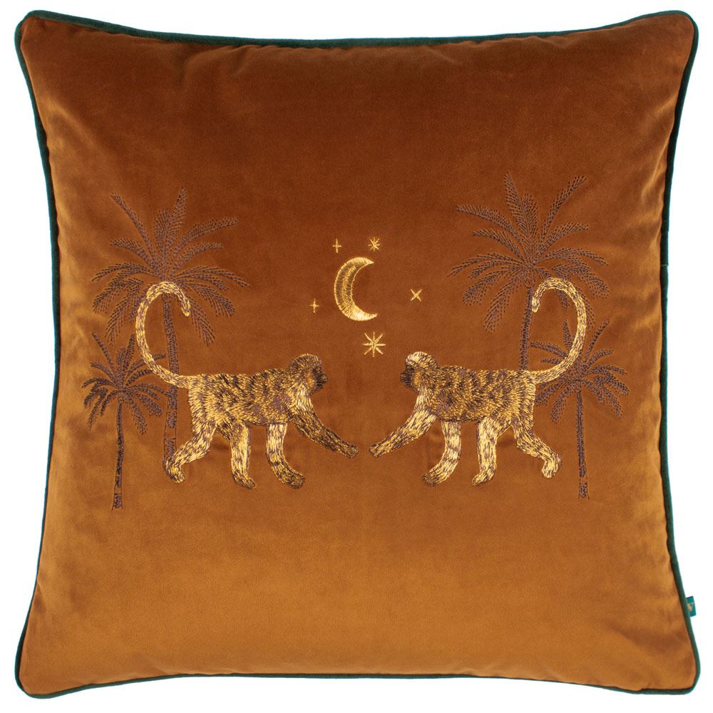 Wylder Dusk Monkey Embroidered Velvet Piped Edge Cushion Cover